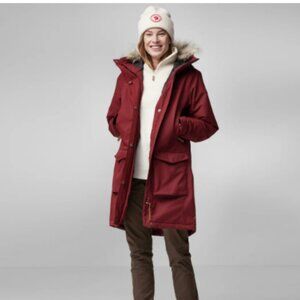 Fjallraven Nuuk Burgundy Parka Faux Fur Hood Women Medium Winter Coat Down Fill